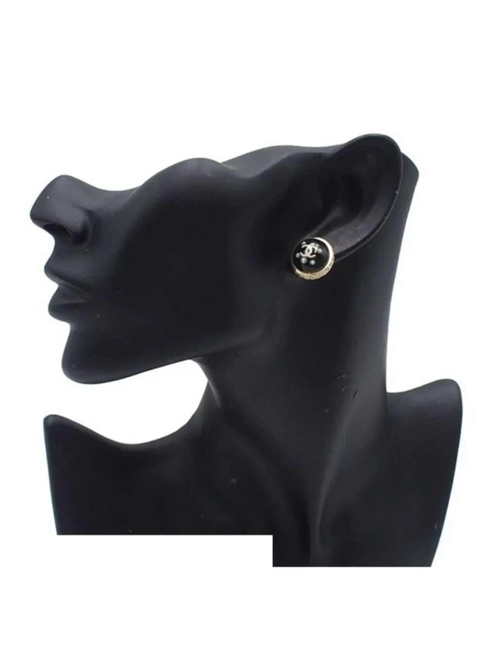 Chanel Earrings Black Gold Metal Costume Pearl Rhinestone CC Logo 10c